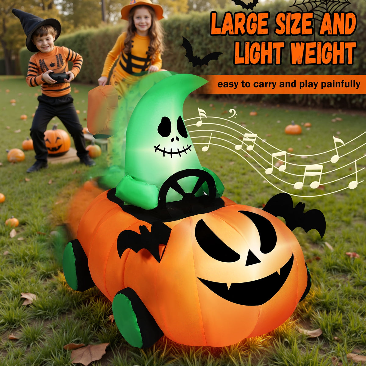Witchwood™ 2.6ft Halloween Inflatable with Music and Lights,Remote Control Pumpkin Ghost Car,Blow ups Rc Car,Indoor Outdoor,Orange Green