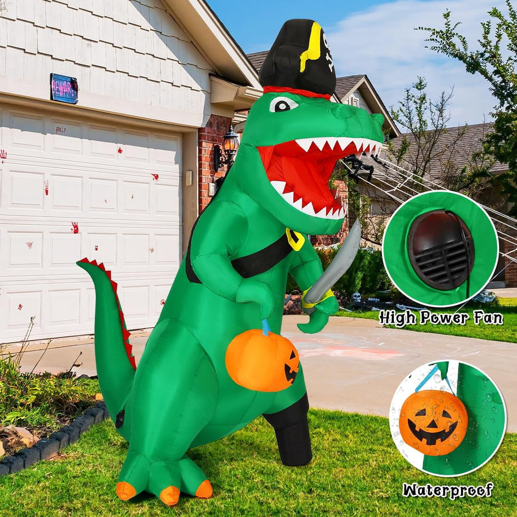 Witchwood™ 7FT Outdoor Halloween Decorations Halloween Dinosaur Inflatable, Halloween Inflatables Blow up Dinosaur, Green Pirate Dino Halloween Decorations Dinosaur Halloween Inflatable for Holiday/Party
