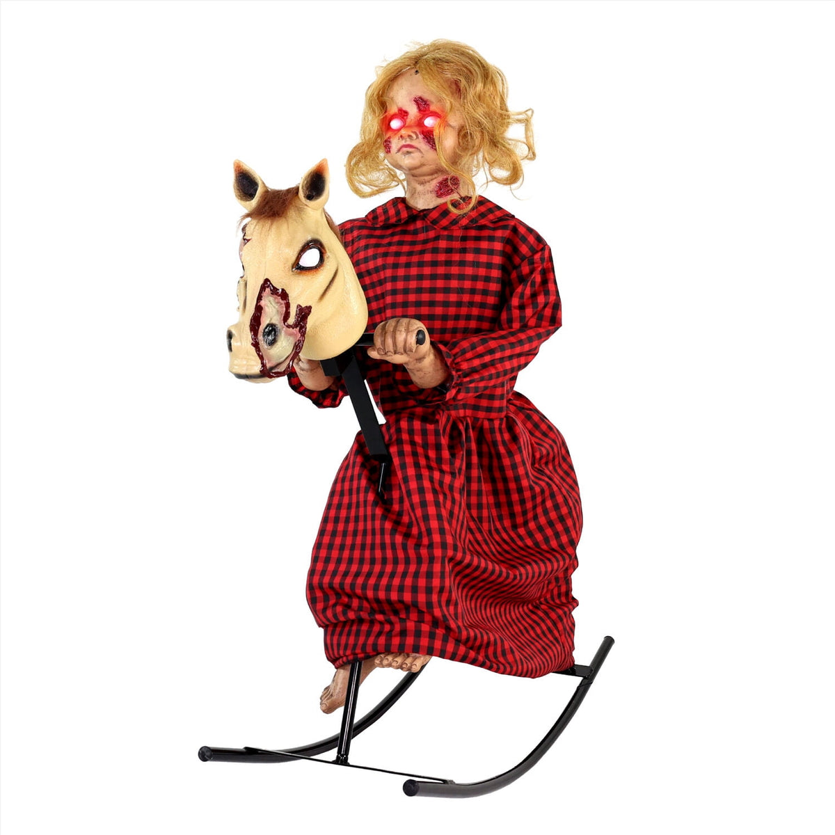 Witchwood™ 3.2 ft Voice & Sound-Sensor Rocking Horse Girl Halloween Animatronic, HHRCKHRSGRL-1FLSA