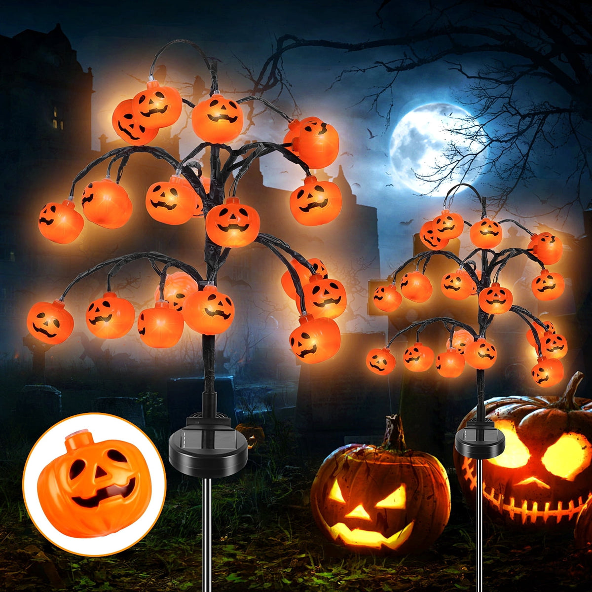 Witchwood™ 2 packs 40 LEDs Solar Halloween Pumpkin Stake Lights, 2 Modes Outdoor Waterproof Halloween Decorations, Solar Halloween Lights Stakes for Garden Yard Pathway