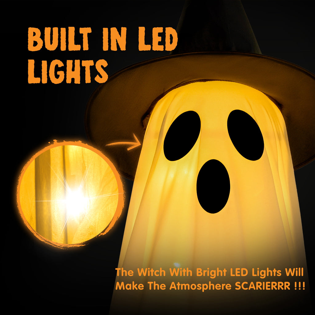 Witchwood™ 2 Packs Halloween Decorations Outdoor,Light Up Halloween Spooky Standing Ghost with Witch Hat,Scary Ghosts Decor with LED Lights for Front Porche Yard Garden Home