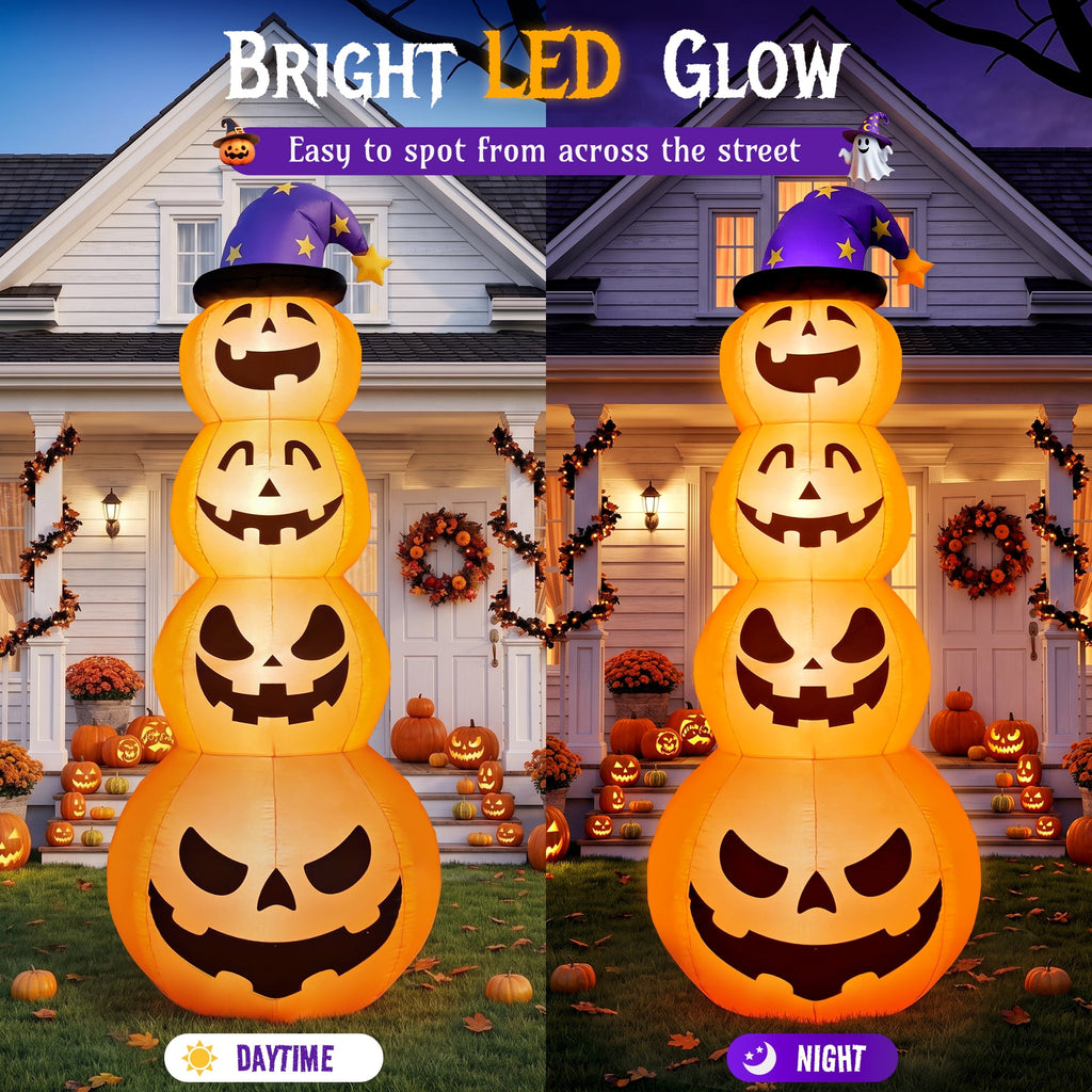 Witchwood™ 8 ft Halloween Pumpkin Stack Inflatable Decoration with Witch Hat, Lighted Blow up Yard Decor for Outdoor Lawn Garden