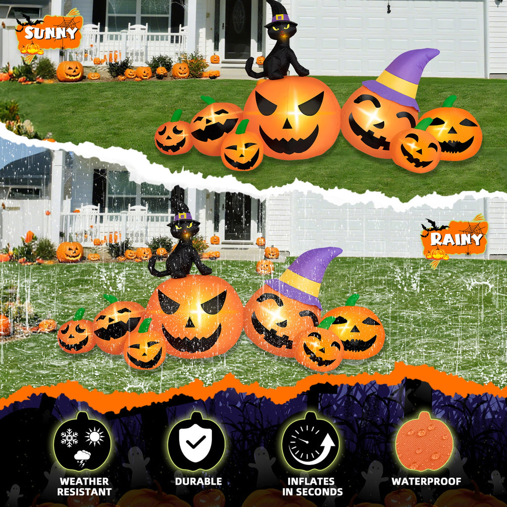 Witchwood™ B&D 8FT Long Halloween Inflatables Pumpkin, Blow Up Pumpkins Inflatables with Witch Hat & Black Cat Built-in LED Lights for Halloween Party Yard Garden Lawn Decor