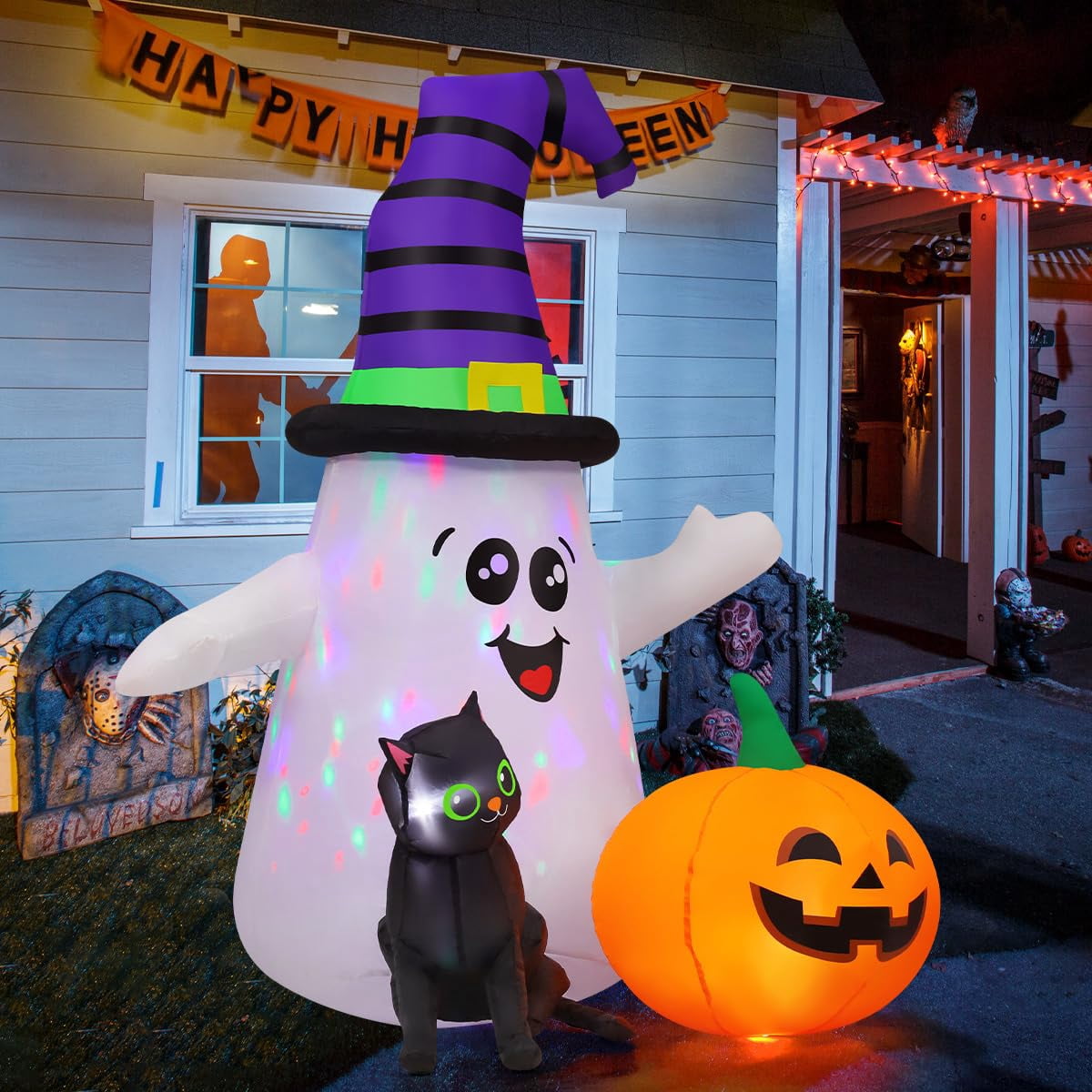 Witchwood™ Halloween Inflatables 5 FT Halloween Ghost Inflatable with LED Lights, Cute Ghost Blow Up with Wizard Hat Pumpkin Black Cat, Outdoor Halloween Decorations for Halloween Holiday Indoor Outdoor