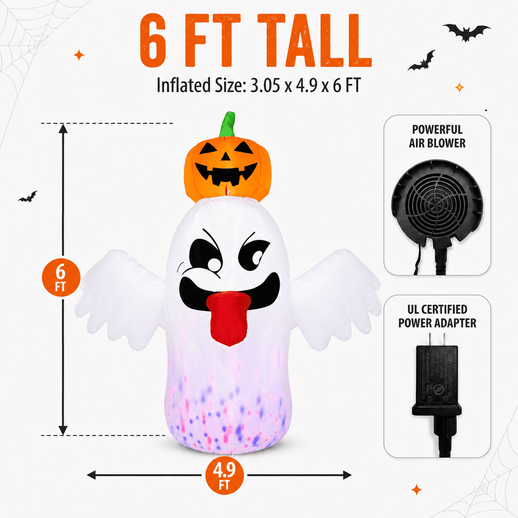 Witchwood™ 6FT Halloween Inflatable Ghost with Pumpkin Head, Light-Up Blow Up Outdoor Yard Decoration with White and RGB LED Lights