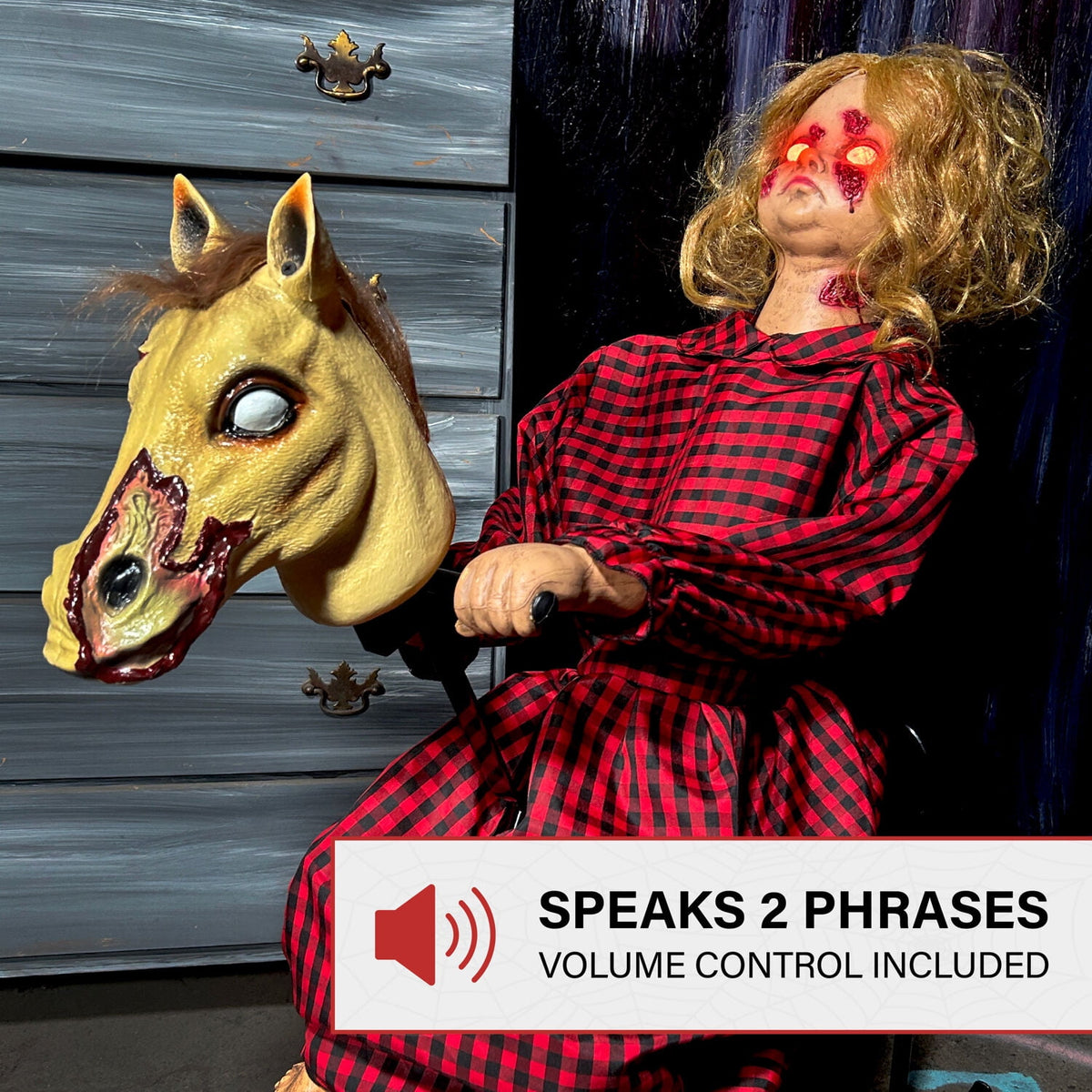 Witchwood™ 3.2 ft Voice & Sound-Sensor Rocking Horse Girl Halloween Animatronic, HHRCKHRSGRL-1FLSA