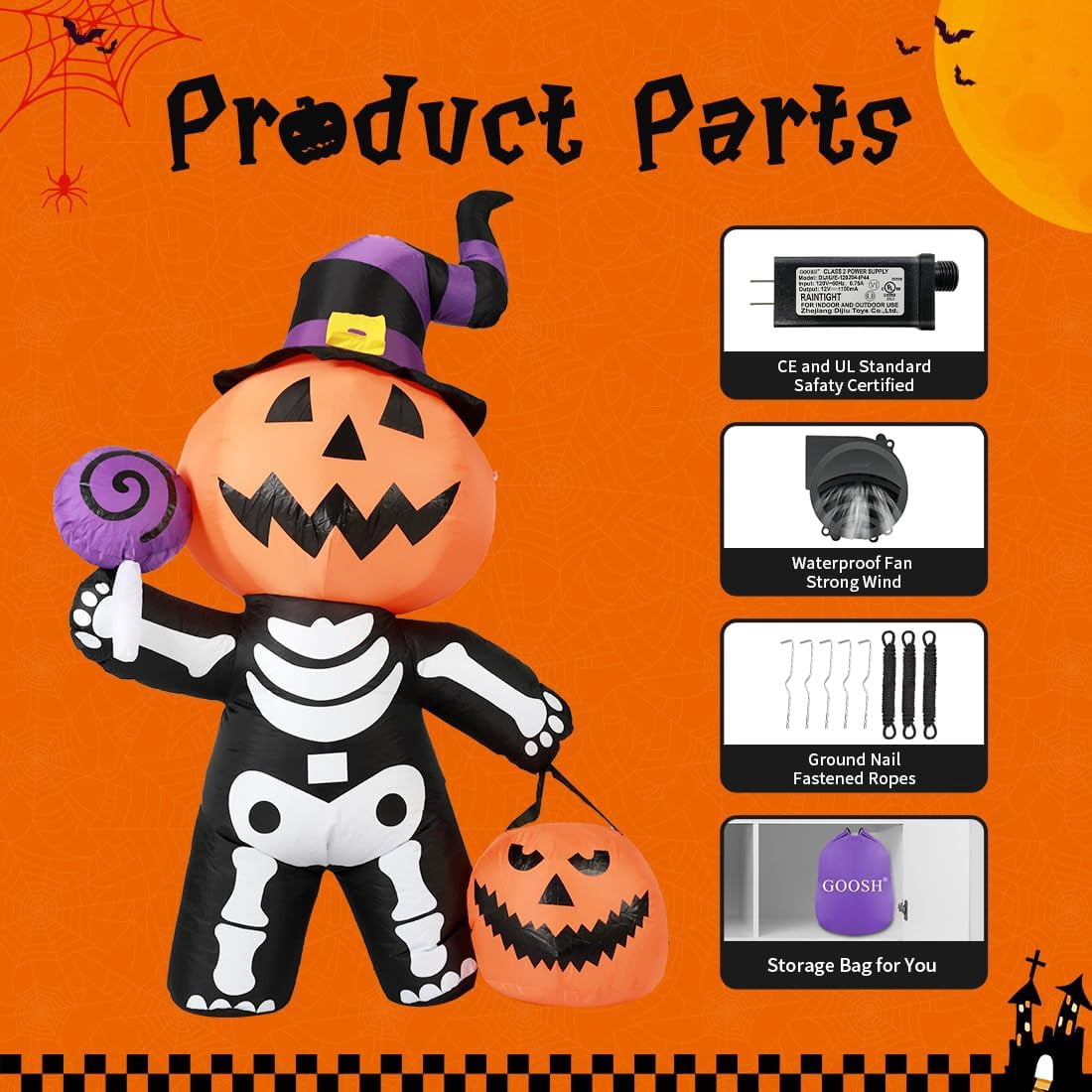 Witchwood™ Halloween Inflatables 6 FT Halloween Pumpkin Inflatable with Skull Body, Scary Blow Up Halloween Pumpkin Decoration with LED Lights, Outdoor Halloween Decorations Clearance for Holiday Party