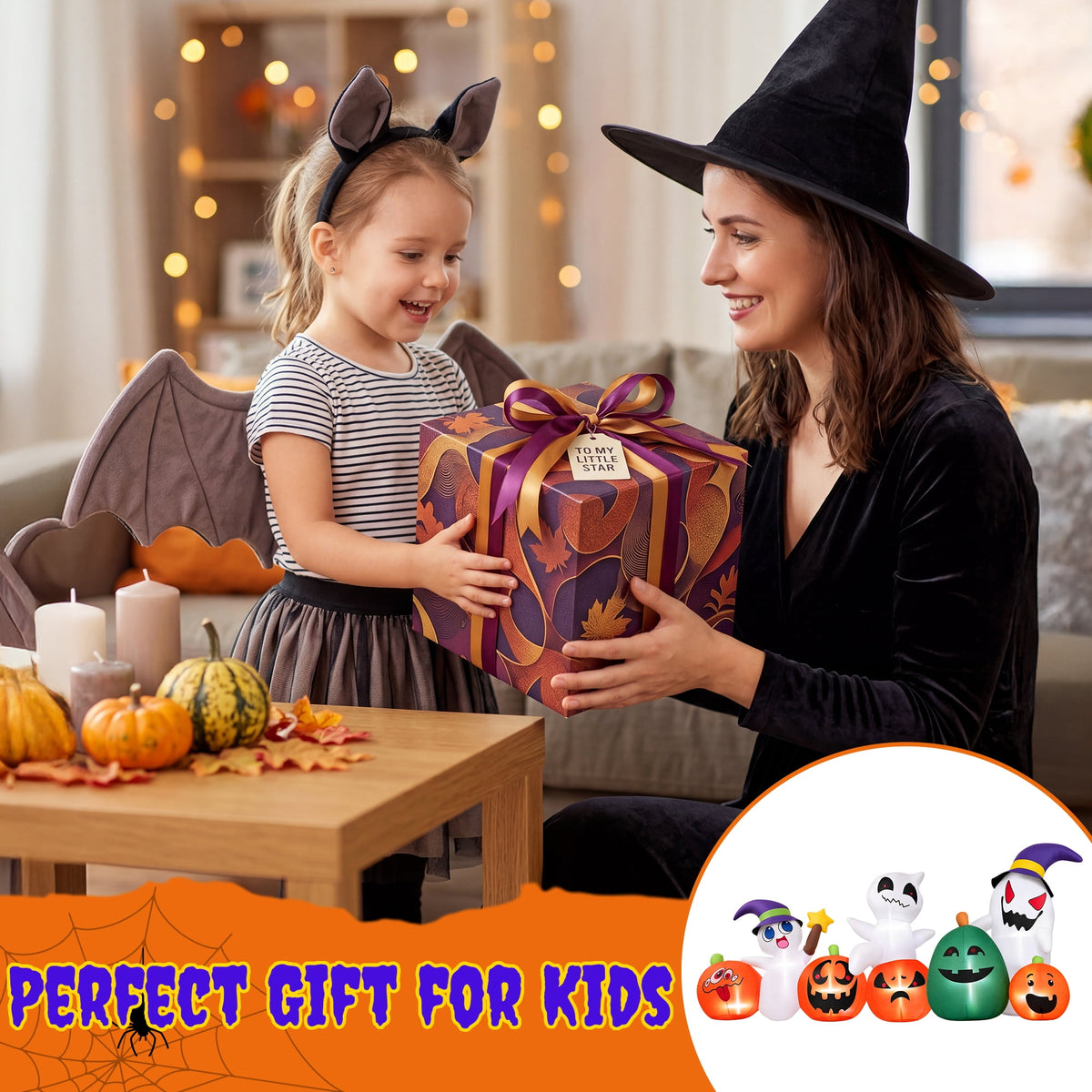 Witchwood™ 7ft Long Halloween Inflatable with Lights,Pumpkin Ghost for Outdoor Decorations