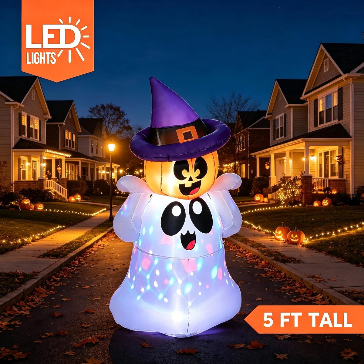 Witchwood™ 5Ft Halloween Inflatable Pumpkin Ghost with Colorful LED Lights,Halloween Blow Up Cute Decor for Indoor Outdoor Holiday Yard Decoration