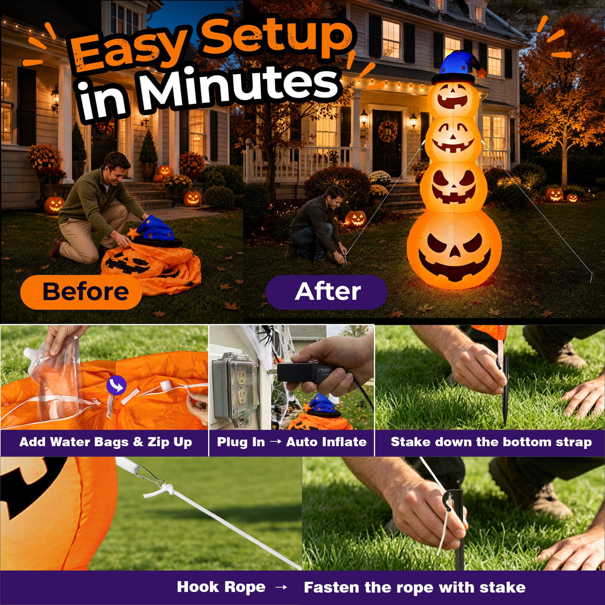 Witchwood™ 8ft Halloween Inflatable, Stacked Pumpkins with Witch Hat and Built-in LED Lights, Outdoor Blow up Yard Decor for Lawn, Garden, Porch and Halloween Party, Orange