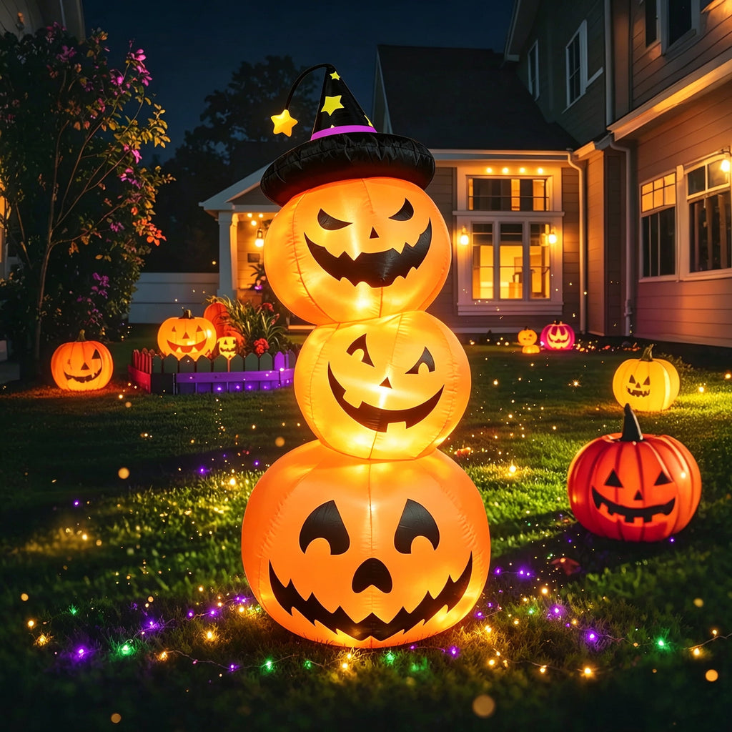 Witchwood™ Faburo 6FT Halloween Inflatable Pumpkin Stack with LED Lights, 3 Jack O Lantern Blow Up Outdoor Halloween Decorations for Yard Lawn Garden Porch