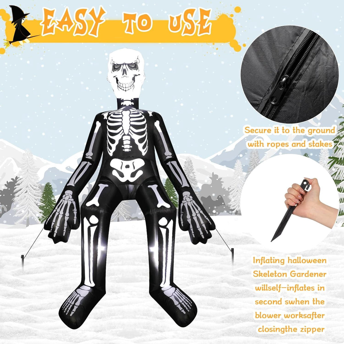 Witchwood™ Halloween Inflatables Outdoor Decorations, 10.5FT Sitting Skeleton Halloween Outdoor Inflatables Decorations Skeleton Blow Up Built in Lights Air Pump for Halloween Party Yard Garden Party Supplies