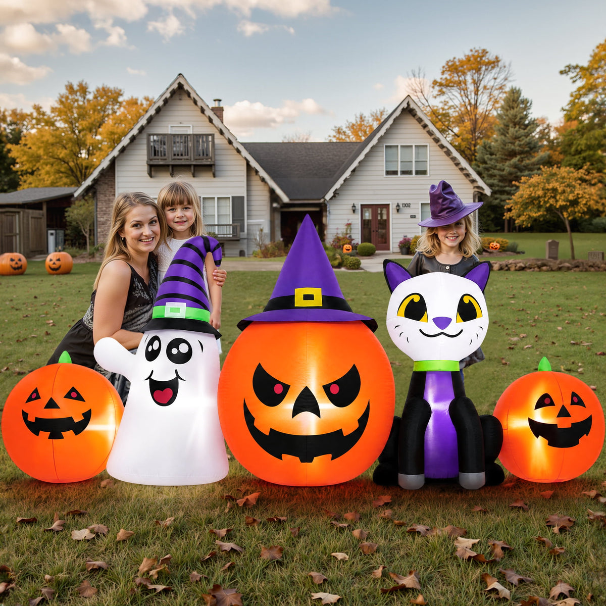 Witchwood™ (2 pack) 8FT Halloween Inflatable Pumpkins Ghost Cat with Lights,Blow ups Outdoor Decorations for Yard