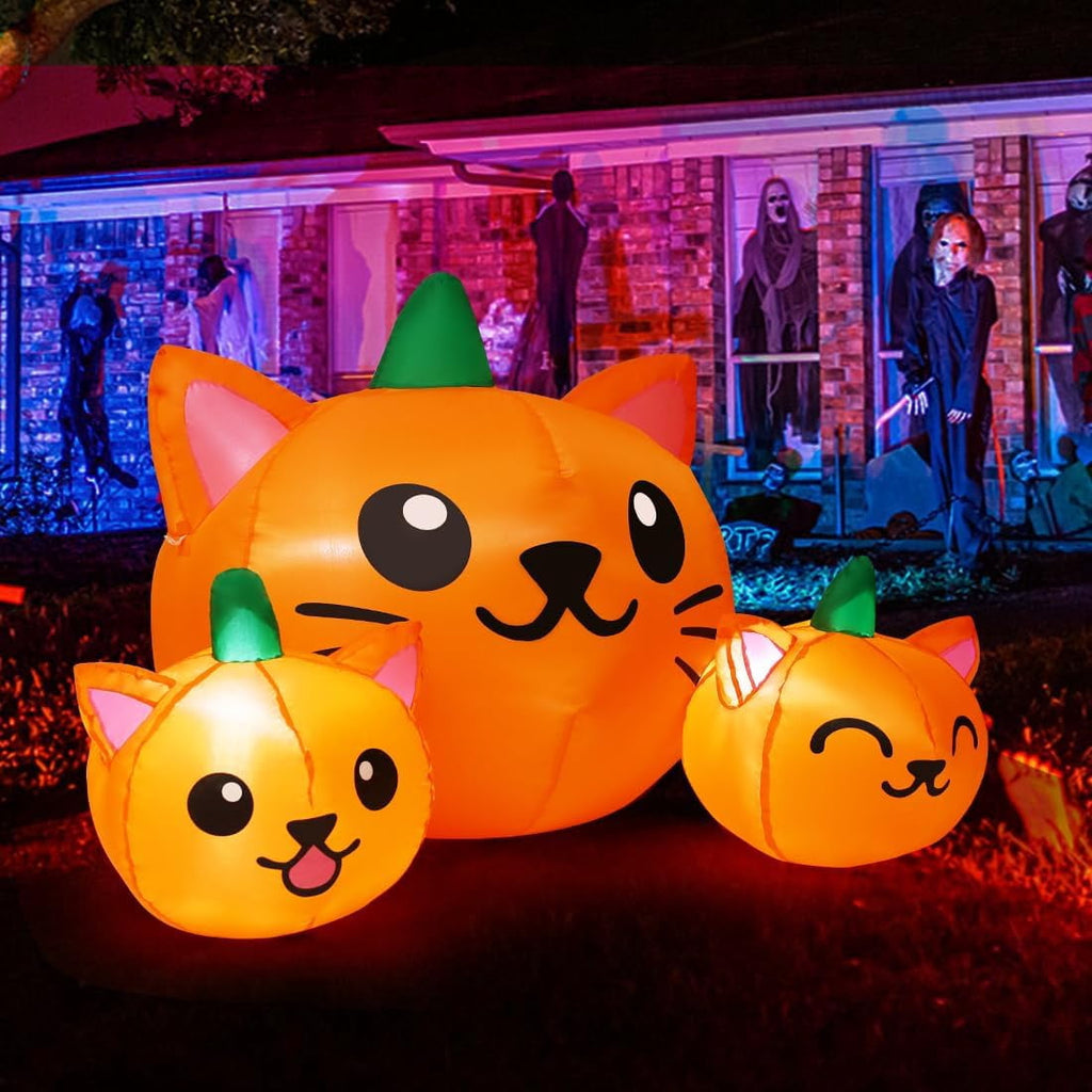 Witchwood™ COMIN Halloween Inflatable 5 FT Long Three Pumpkin Cat Head Combo with Built-in LEDs, Blow Up Yard Decoration for Holiday Party Indoor, Outdoor, Yard, Garden, Lawn