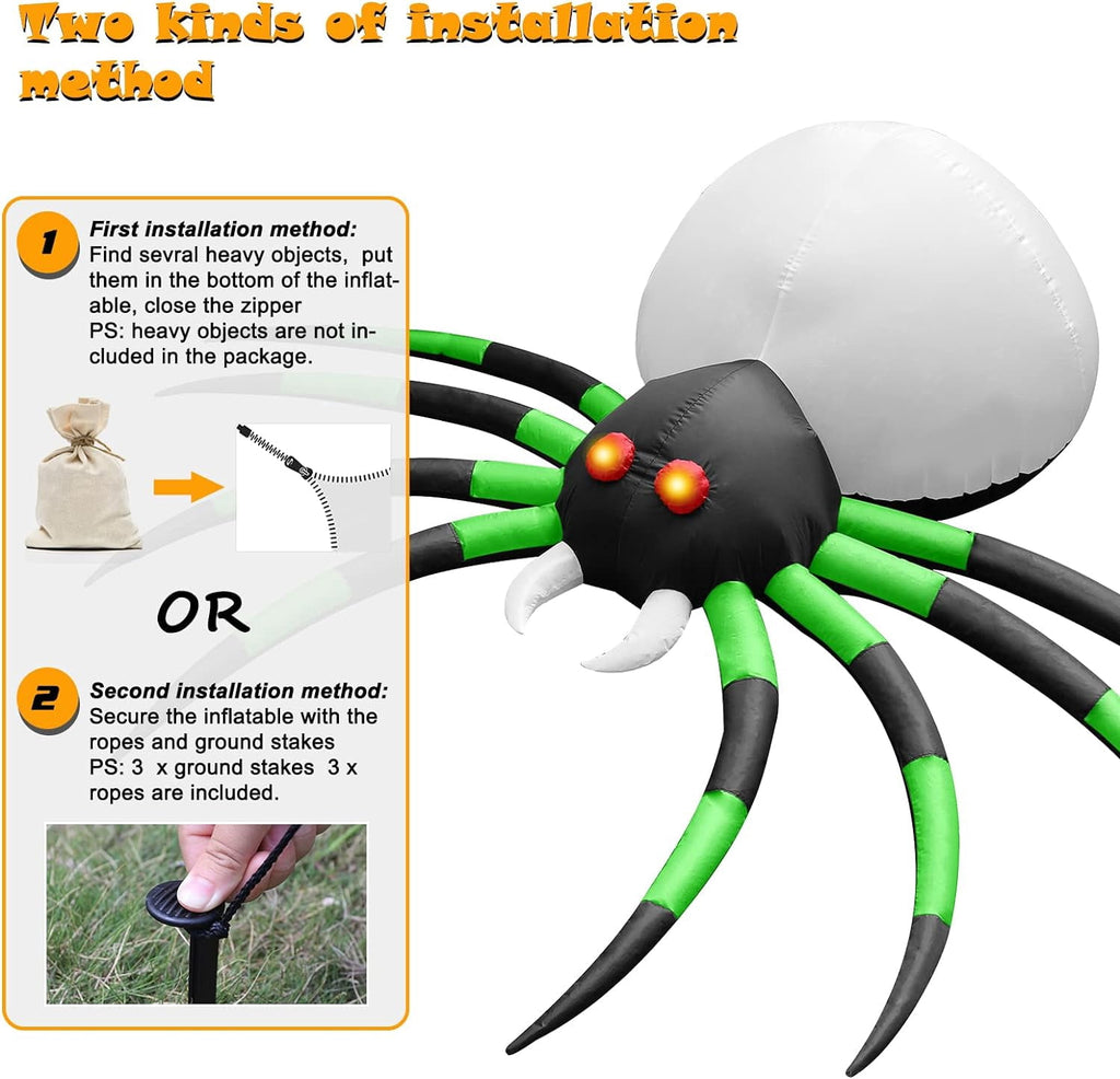 Witchwood™ 8FT Halloween Spider Inflatables Outdoor Decorations for Yard, Giant Green Spider with Blow up Rotating Fire Flame, Large Spooky Spider Props for Halloween Party Garden Lawn House Holiday Room Decor