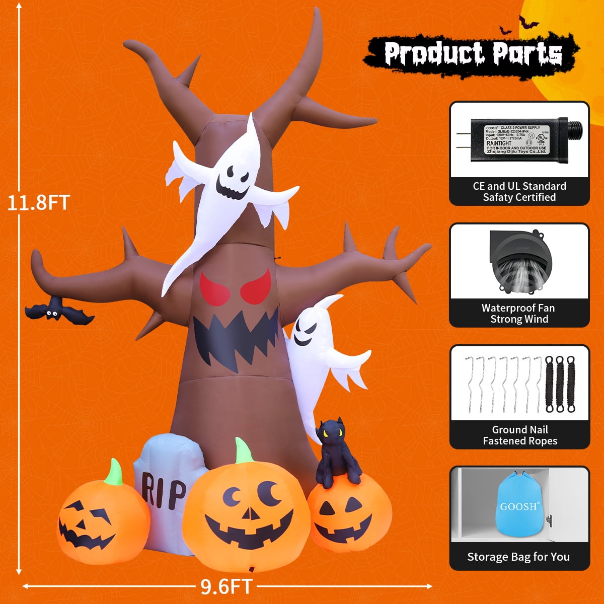 Witchwood™ Halloween Inflatable 11.8 FT Inflatable Halloween Tree, Halloween Inflatable Tree Scary Halloween Blow Up Tree with LED Lights, Outdoor Halloween Decorations Clearance for Halloween/Holiday