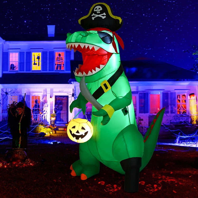 Witchwood™ 7FT Outdoor Halloween Decorations Halloween Dinosaur Inflatable, Halloween Inflatables Blow up Dinosaur, Green Pirate Dino Halloween Decorations Dinosaur Halloween Inflatable for Holiday/Party