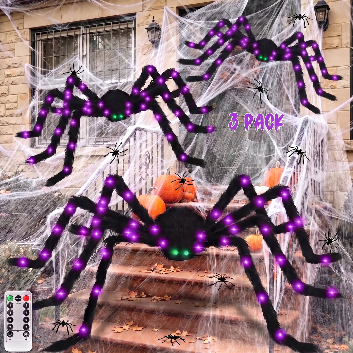 Witchwood™ Halloween Spider Decorations Set, 5FT and 2 Pack 4FT Lighted Giant Spider Decorations for Halloween Party Indoor Outdoor Yard Home Decor