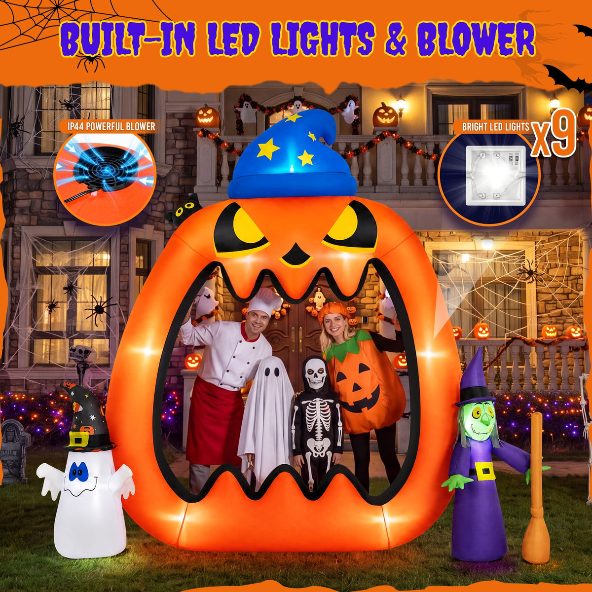 Witchwood™ 8.2ft Halloween Inflatable Pumpkins Photo Door with Ghost Witch Yard Party Outdoor Decorations with LED Lights