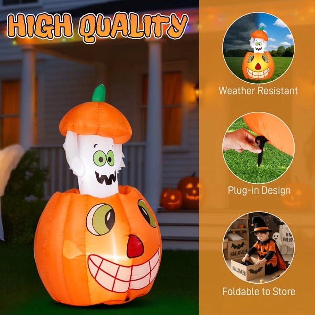 Witchwood™ 2.8FT Halloween Inflatable Animated Pumpkin Ghost, 2 White LED Lights, Weather-Resistant Polyester, for Small Spaces/Accent Decor