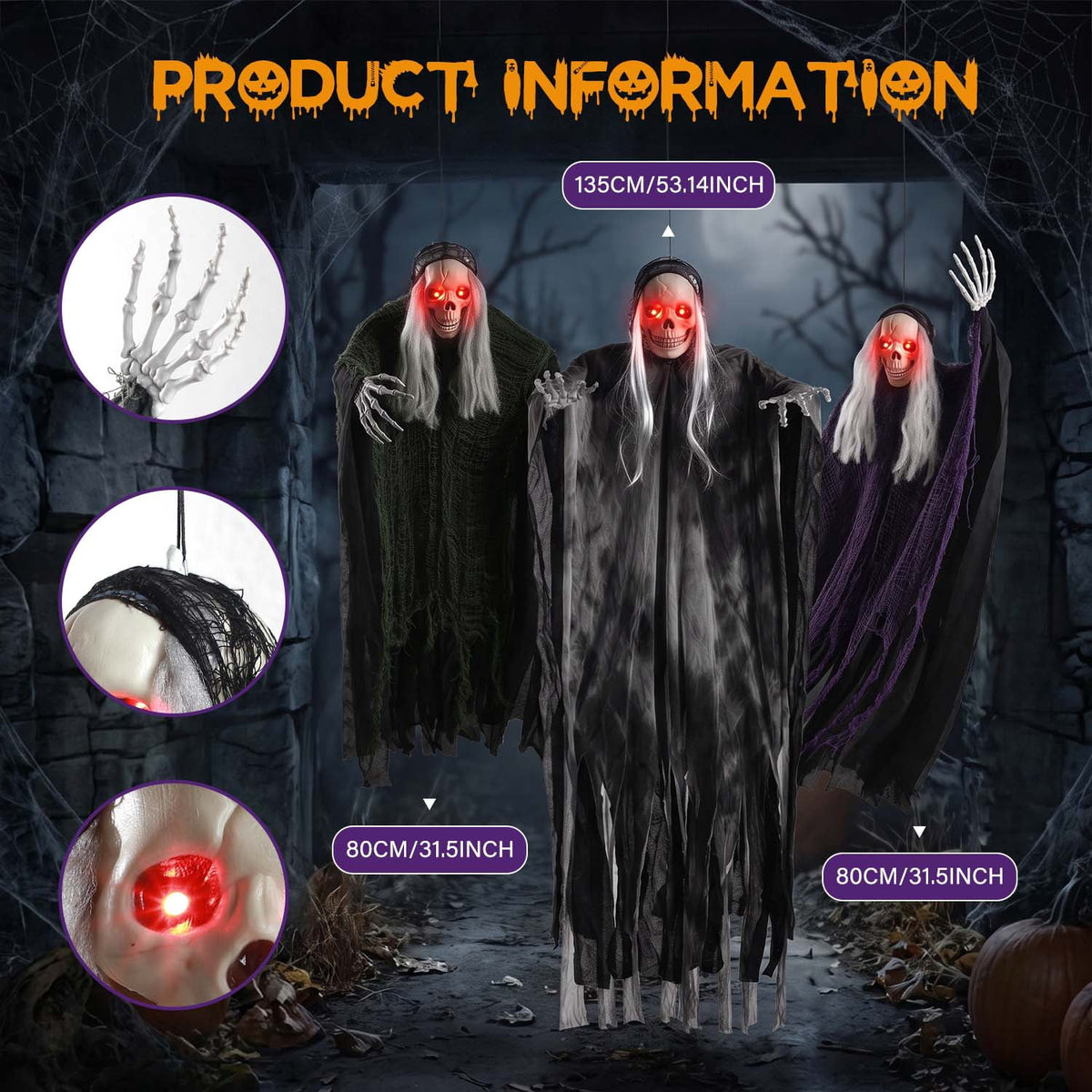 Witchwood™ 3 Pack Hanging Skeleton Ghosts for Halloween Decorations Outdoor, Grim Reaper for Halloween Decor