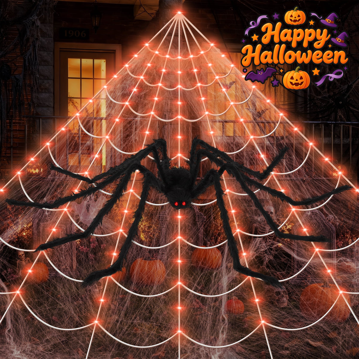 Witchwood™ Scidweet Halloween Decorations Outdoor, 350 LED Halloween Spider Web Lights with 79" Large Spider for Outside Garden Yard Home Decor, Orange