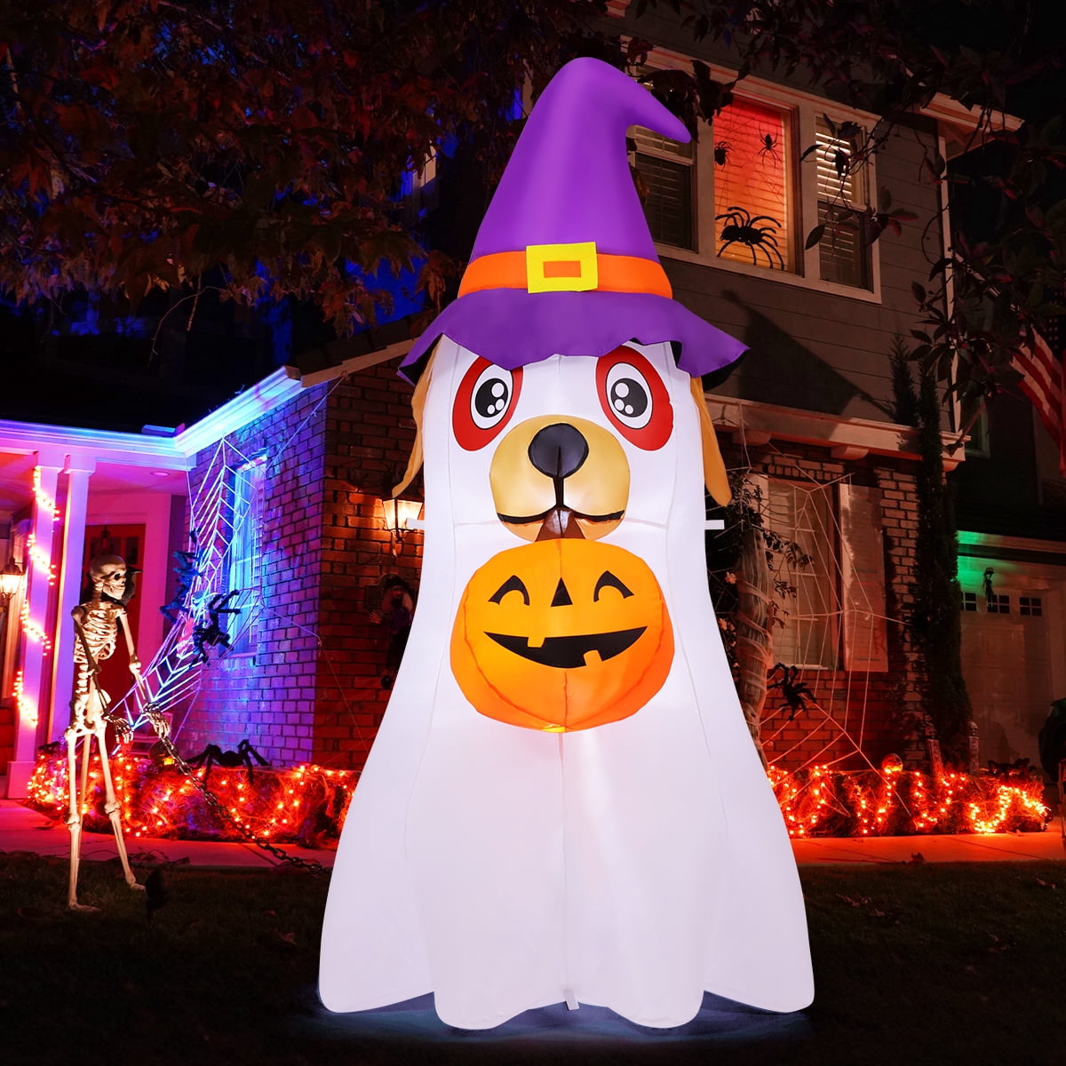 Witchwood™ Halloween Inflatables 6 FT Inflatable Ghost Dog with Pumpkin in Mouth & Witch Hat, Halloween Ghost Dog Inflatables with LED Lights, Outdoor Halloween Decorations for Halloween Holiday Party