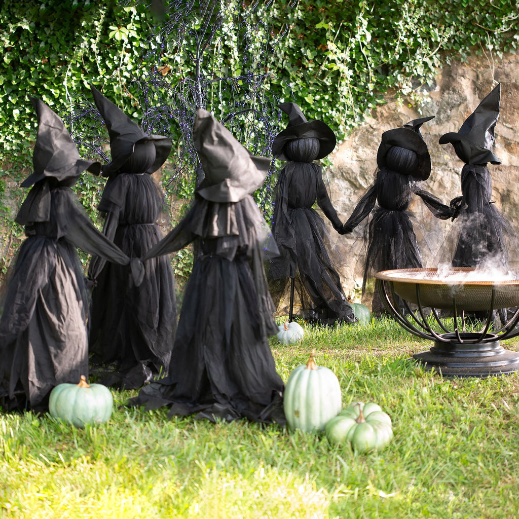 Witchwood™ Evergreen Set of 3 LED Lighted Halloween Witch Stakes, 4' Tall for Garden Lawn or Patio