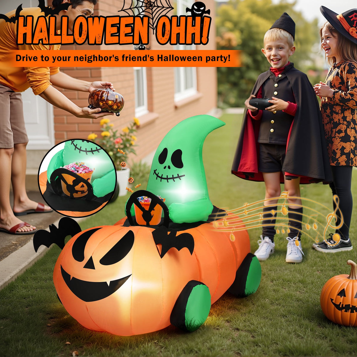 Witchwood™ 2.6ft Halloween Inflatable with Music and Lights,Remote Control Pumpkin Ghost Car,Blow ups Rc Car,Indoor Outdoor,Orange Green