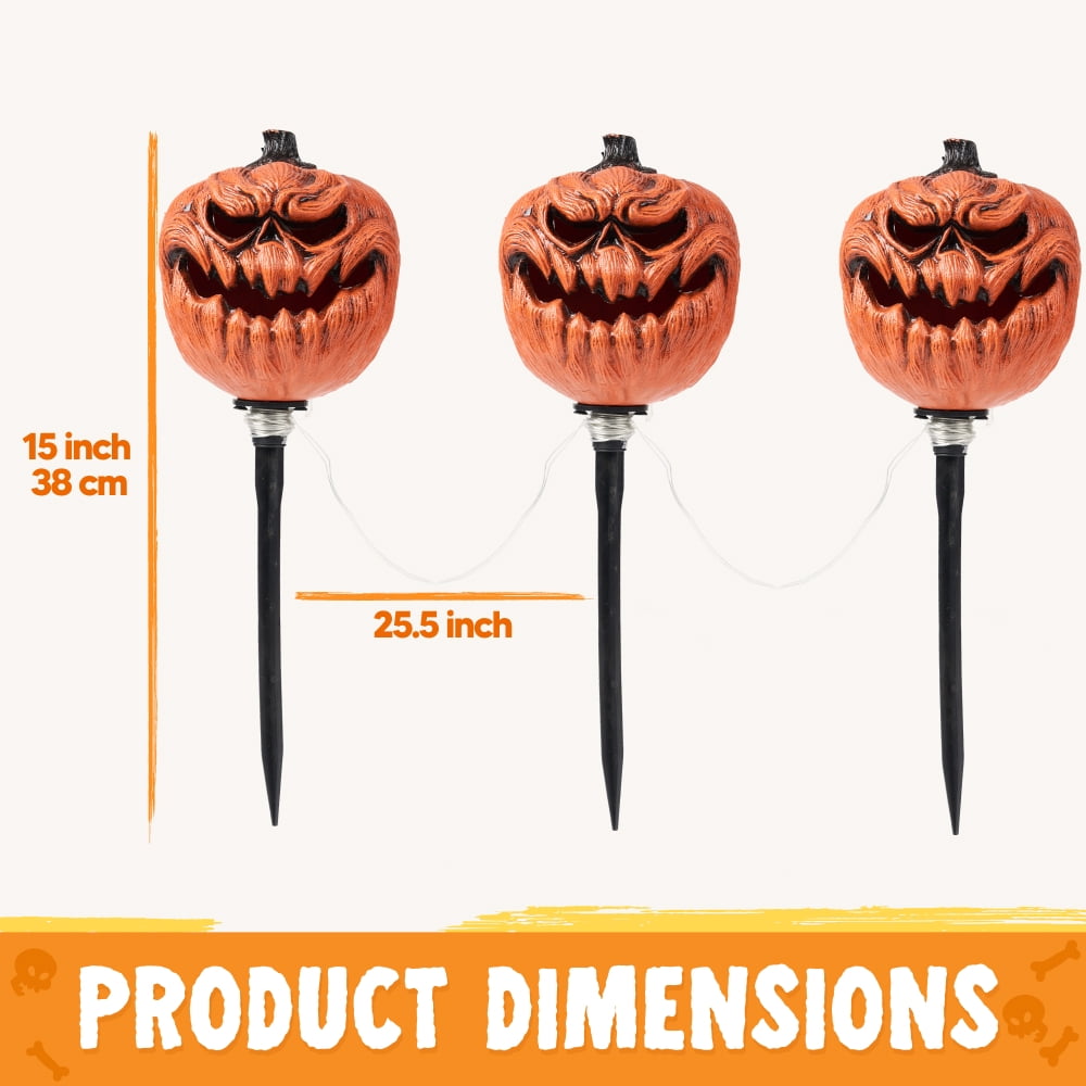 Witchwood™ 3 Pack Halloween Decorations Lighted Pumpkin Pathway Lights Stakes,Outdoor Jack-O-Lantern Waterproof Decorations,Scary Halloween Party Props Outdoor Yard Decor