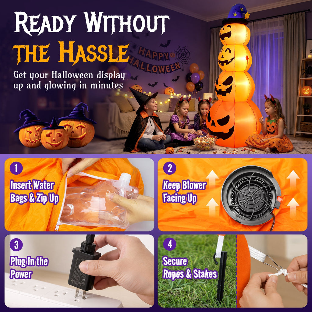 Witchwood™ 8 ft Halloween Pumpkin Stack Inflatable Decoration with Witch Hat, Lighted Blow up Yard Decor for Outdoor Lawn Garden