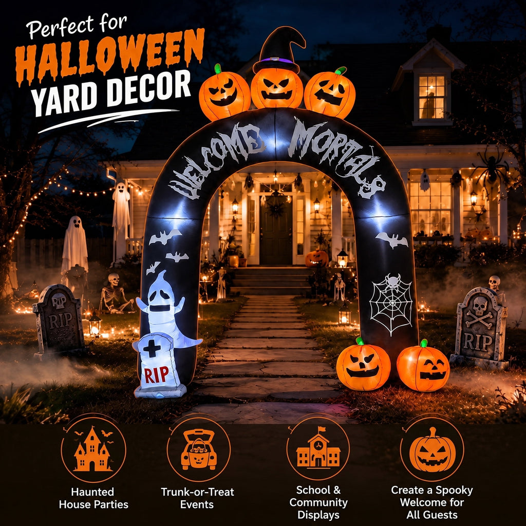 Witchwood™ 10FT Halloween Inflatable Arch for Outdoor Decor, LED Lighted Scary Archway with Ghost & Pumpkin, Blow Up Yard Decoration for Haunted Party Graveyard