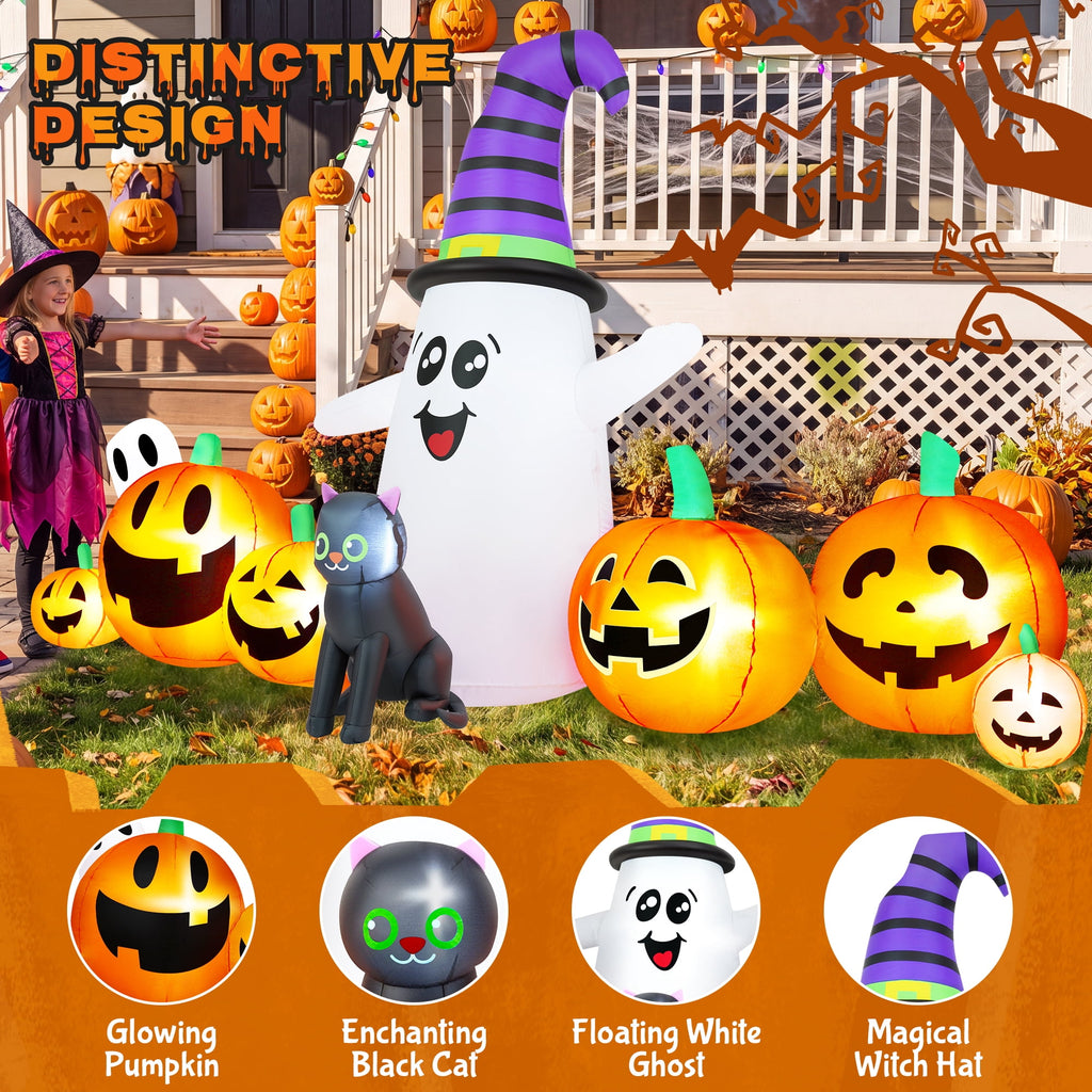 Witchwood™ 8 FT Long Halloween Inflatable Ghost with Witch Hat, 6 Pumpkins Halloween Blow Ups with Black Cat for Halloween Party Outdoor Yard Garden Lawn Decor