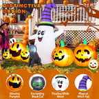 Witchwood™ 8 FT Long Halloween Inflatable Ghost with Witch Hat, 6 Pumpkins Halloween Blow Ups with Black Cat for Halloween Party Outdoor Yard Garden Lawn Decor