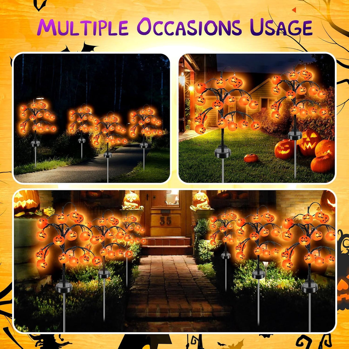 Witchwood™ 2 packs 40 LEDs Solar Halloween Pumpkin Stake Lights, 2 Modes Outdoor Waterproof Halloween Decorations, Solar Halloween Lights Stakes for Garden Yard Pathway
