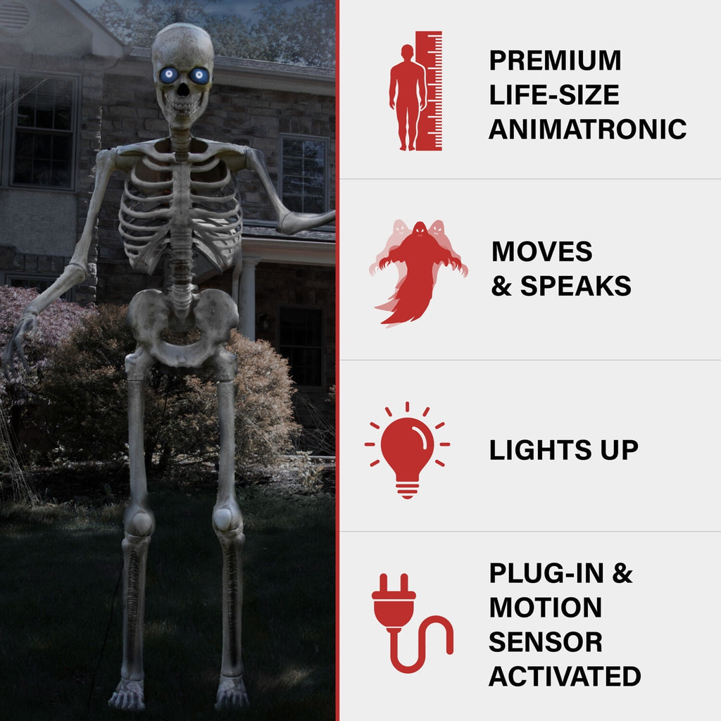 Witchwood™ 8 ft Tall Motion-Activated Towering Skeleton, Premium Talking Halloween Animatronic Decoration, Plug-In, HHTWRSKEL-2FLSA