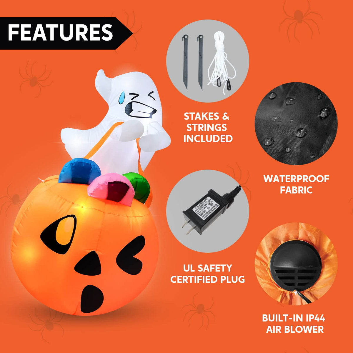 Witchwood™ 5ft Halloween Inflatables Light up Cute Ghost,Blow Up Ghost Lift Pumpkin Candy Bag with Build-in LEDs for Yard Decorations