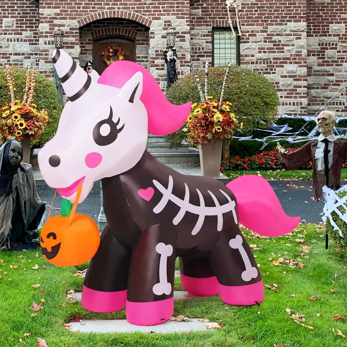 Witchwood™ COMIN 5 FT Halloween Inflatables Skeleton Unicorn Outdoor Decorations Blow Up Yard Pink Cute with Built-in LEDs for Indoor Party Garden Lawn Decor