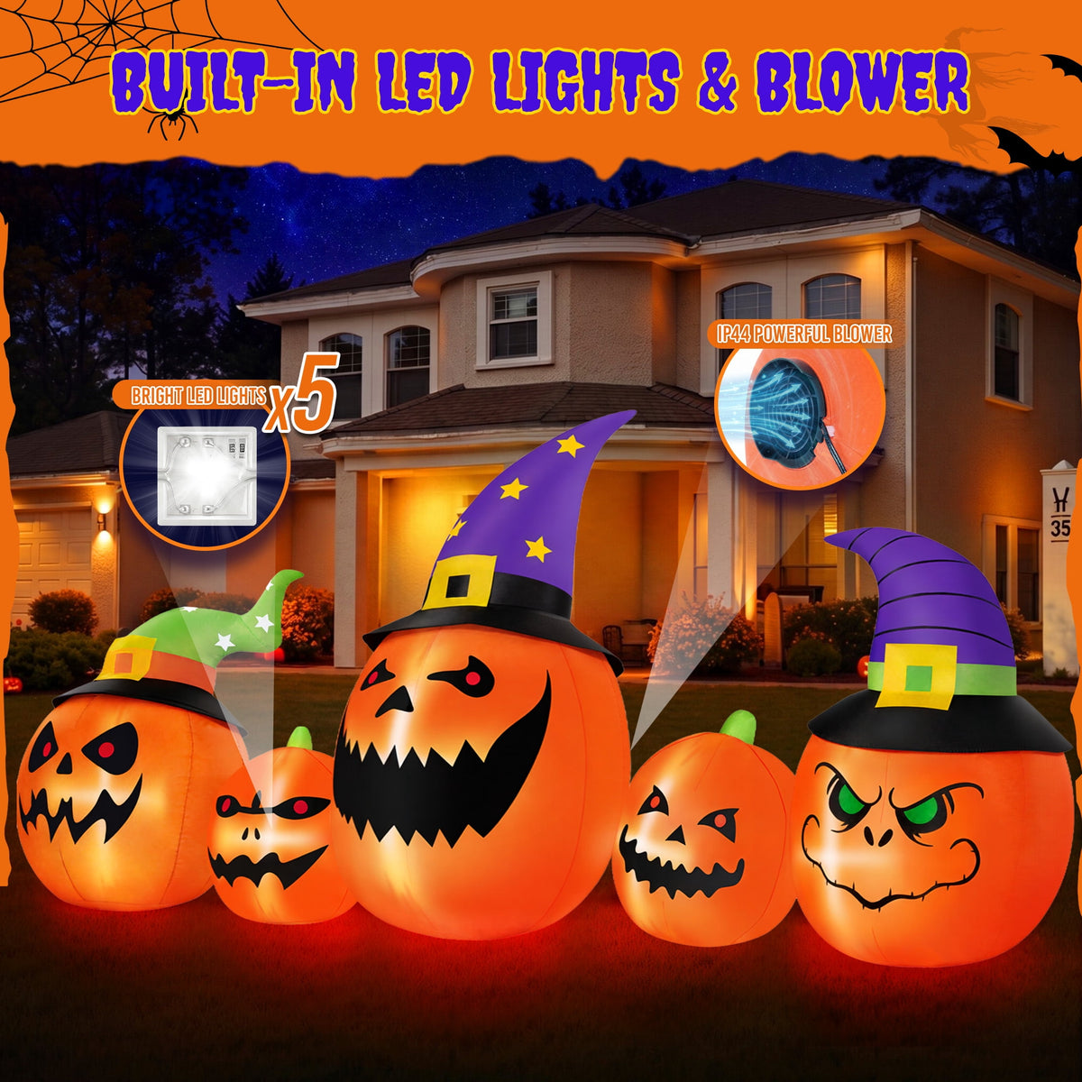 Witchwood™ (2 pack) 8FT Halloween Inflatable Pumpkins Blow ups Outdoor Decorations, Five Pumpkins with LED Lights for Party Yard
