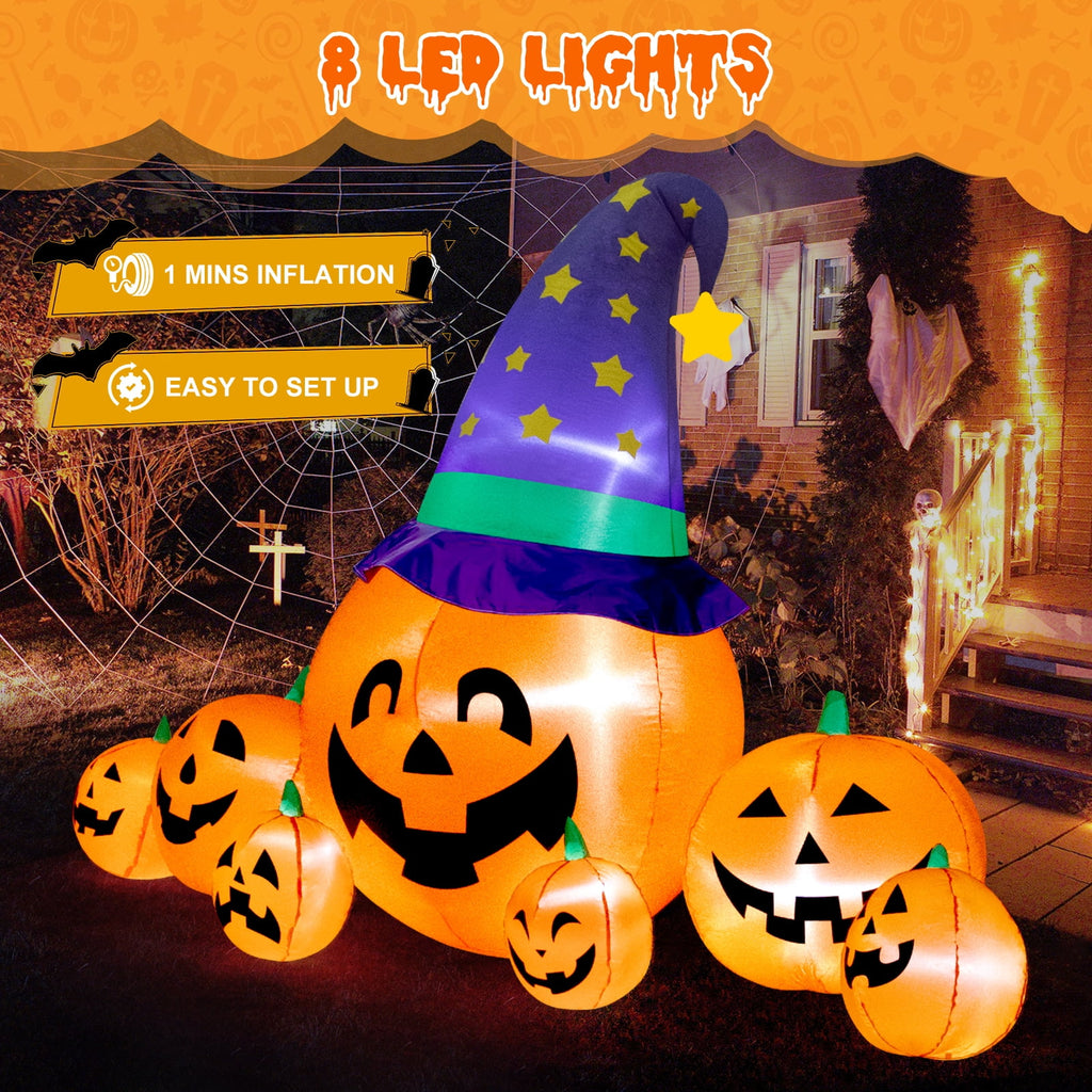 Witchwood™ 8.7FT Halloween Inflatable Pumpkin Set, 7-Pumpkin Outdoor Decoration with Witch Hats and LED Lights for Yard, Garden, Lawn