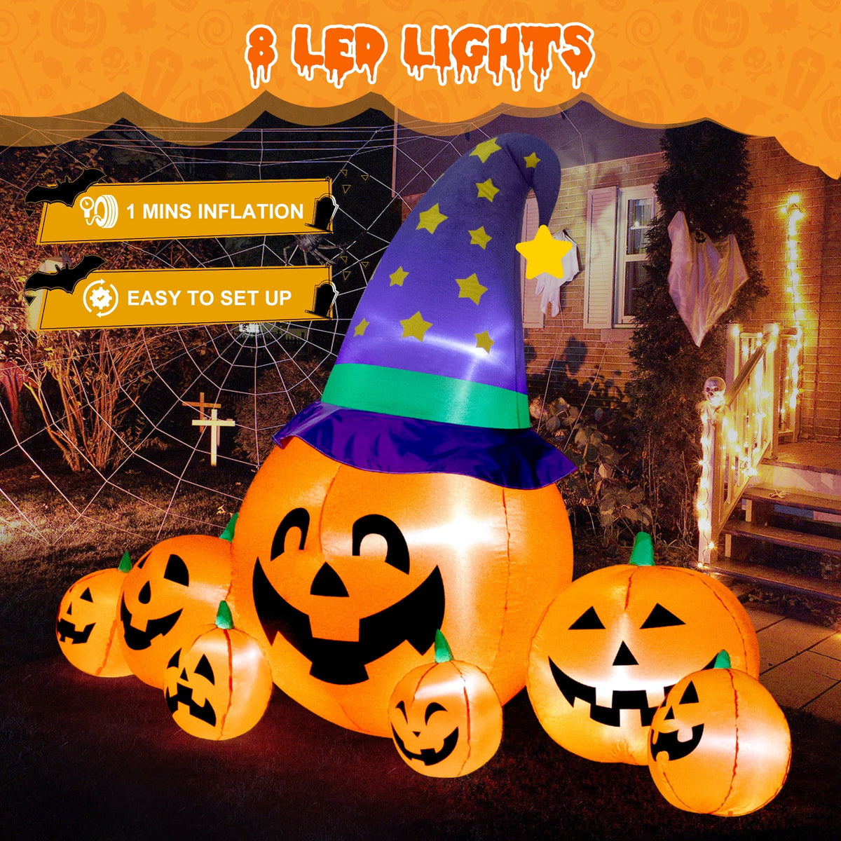 Witchwood™ 8.7FT Halloween Inflatable Pumpkin Set, 7-Pumpkin Outdoor Decoration with Witch Hats and LED Lights for Yard, Garden, Lawn
