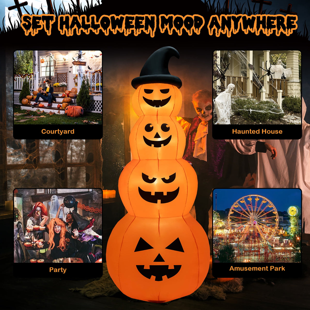 Witchwood™ Costway 8FT Halloween Inflatable Stacked Pumpkins Blow-up Holiday Decoration w/ LED Lights