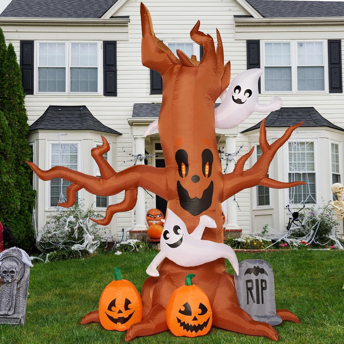 Witchwood™ 8 FT Halloween Inflatables Spooky Tree with Ghost,Pumpkin & Tombstone Tree Blow Up Decor with Built-in LED Lights for Yard,Lawn,Garden,Party,Holiday Outdoor Decorations