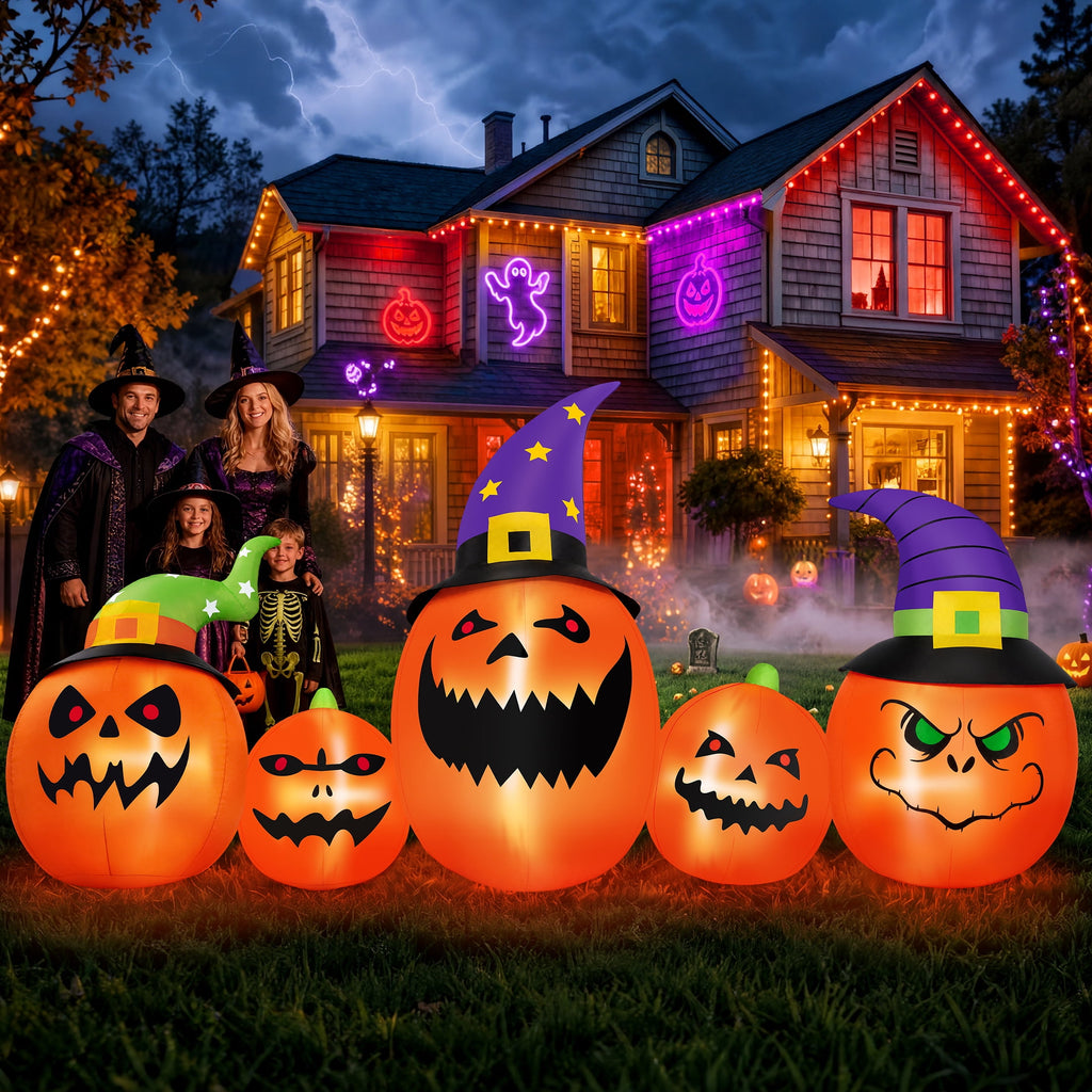 Witchwood™ 8FT Halloween Inflatable Pumpkins Blow ups Outdoor Decorations, Five Pumpkins with LED Lights for Party Yard