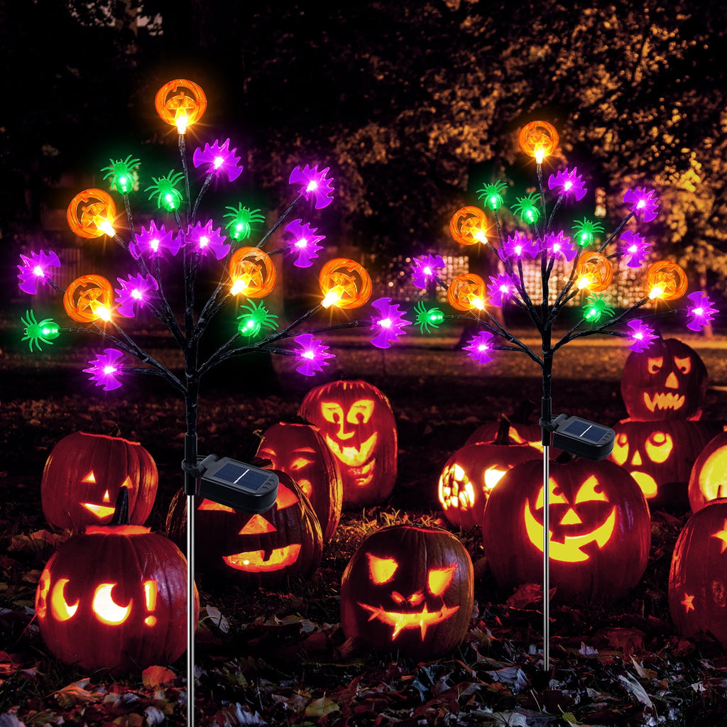 Witchwood™ 2 packs 40 LED Solar Halloween Lights, 2 Modes Halloween Bats Spiders Pumpkin Lights for Outdoor Decorations, Waterproof Stakes for Garden Yard Pathway Walkway