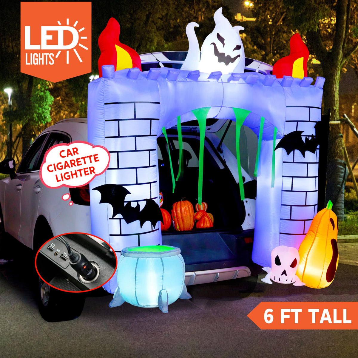 Witchwood™ 6 FT Halloween Inflatable Haunted Castle Decoration,Trunk or Treat Car Decorations Kit Ghost and Pumpkin with Built-in LED Light for Halloween Party Indoor,Outdoor,Yard,Garden Decor