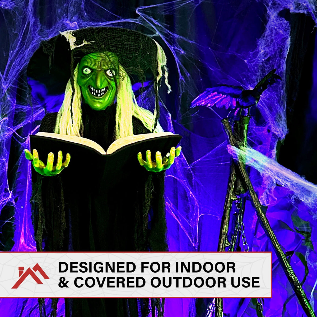 Witchwood™ 5.5 ft Poseable Witch with Spell Book, Lights and Sound, Indoor/Covered Outdoor Halloween Decoration, HHWITCH-9FLS