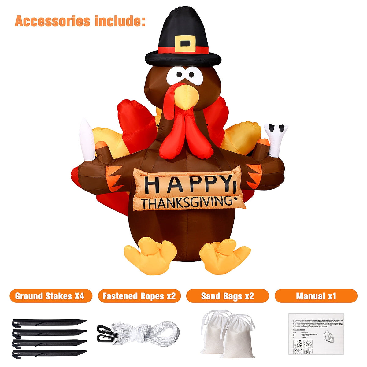 Witchwood™ Thanksgiving Inflatable Turkey 5FT Blow up Outdoor Thanksgiving Inflatables Decoration with LED Lights for Holiday Party Yard Garden