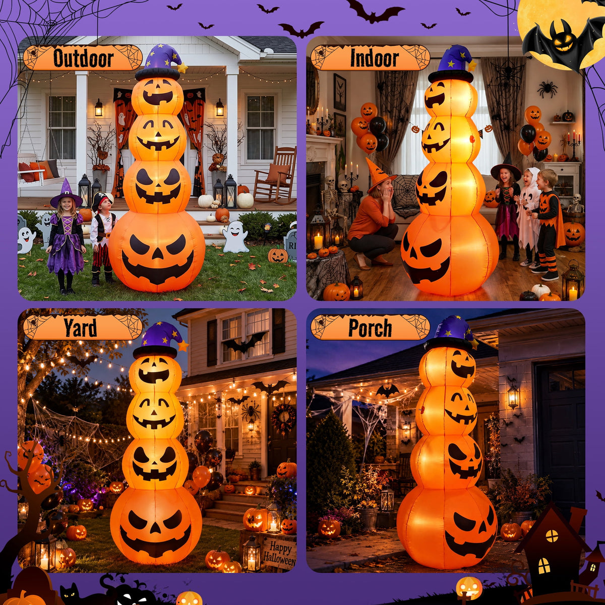 Witchwood™ 8 ft Halloween Pumpkin Stack Inflatable Decoration with Witch Hat, Lighted Blow up Yard Decor for Outdoor Lawn Garden