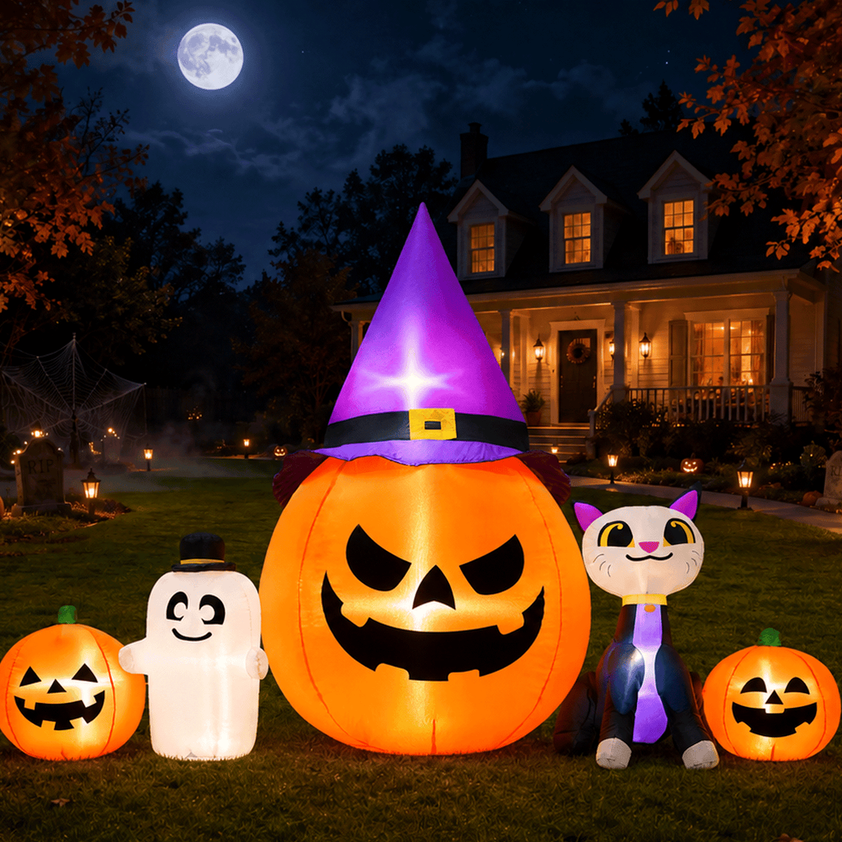 Witchwood™ 8ft Halloween Inflatable Pumpkin & Black Cat Ghost with LED Lights ? Outdoor Yard & Garden Decoration